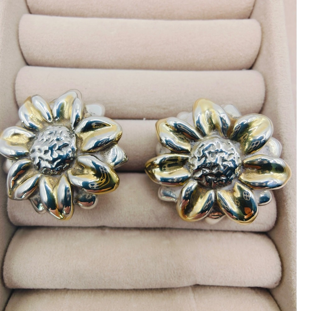 Vintage Designer-signed Sterling Silver large Sunflower Clip On Earrings